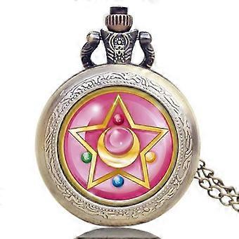 Japanese anime inspired golden luxury women's quartz pocket watch with five pointed star wing pendant necklace chain 4.8 cm fob for birthday gift