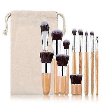 Makeup Brush Set 11 Piece Bamboo with Pouch Nylon Bristles Foundation Blush Contouring Eye Powder