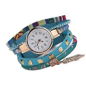 duoya Women Leaf Pendant Multiple Layer Decoration Bracelet Wristwatch Dress Watch (Sky Blue)