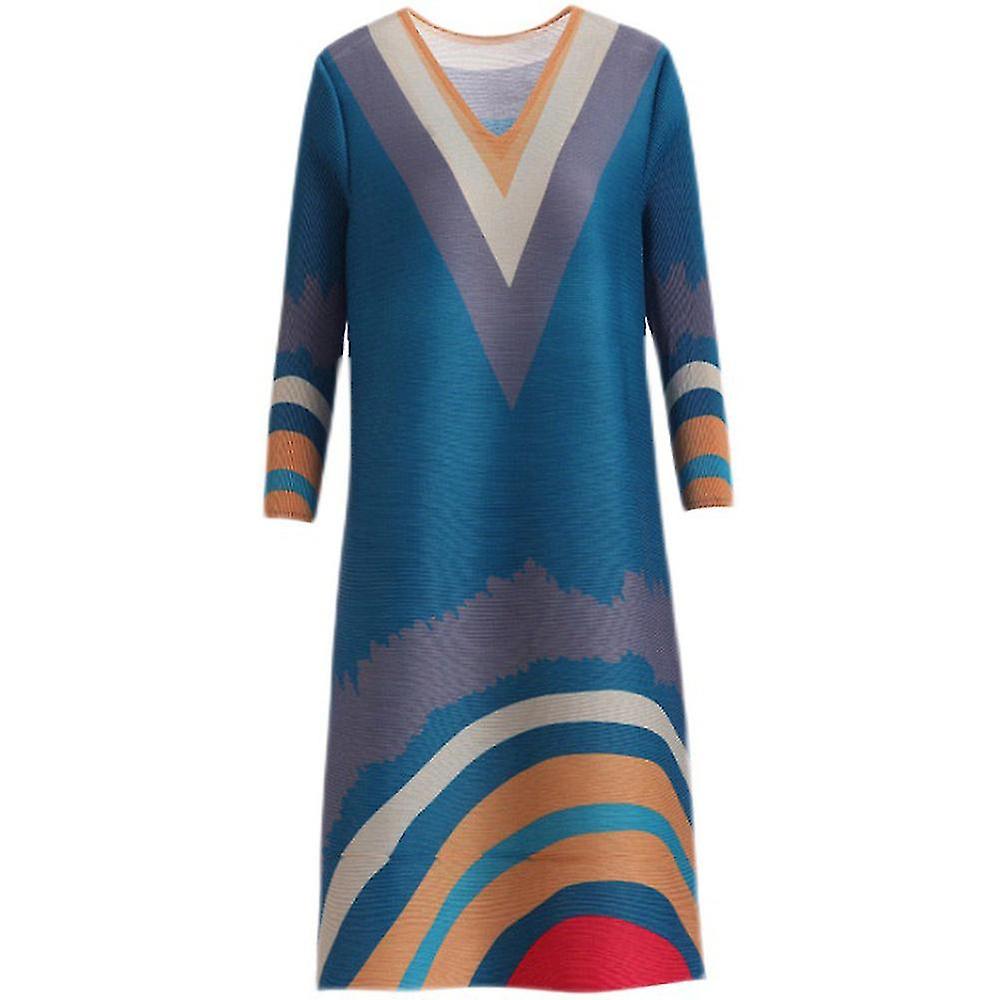 Abito con scollo a V a maniche 3/4 Gonna da donna a righe sciolte patchwork a mezza lunghezza