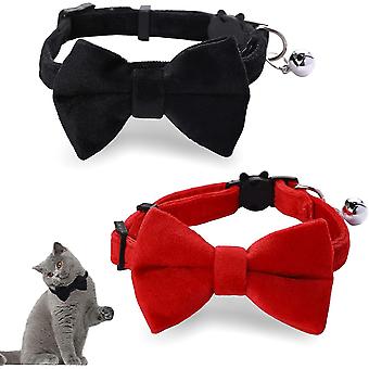 2 Pcs Velvet Bowtie Cat Collar With Bell Adjustable Breakaway Kitten Small Puppy Safety Bow Tie Solid Wedding Red Cat Collar For Boy Girl Cats