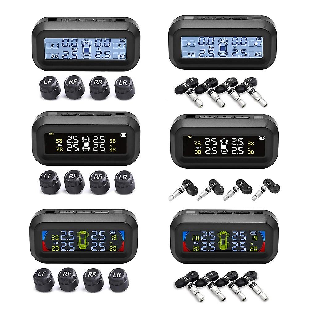 Solar Tpms Car Tire Pressure Alarm Monitoring System Lcd Digital Display, Temperature Warning With 4 External Internal Sensors
