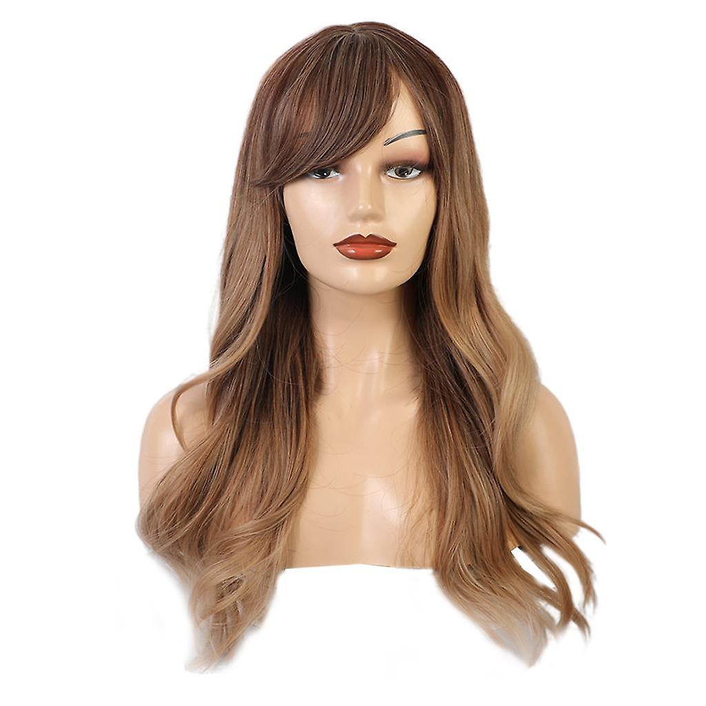 Perucas de cabelo liso ondulado longo sintético marrom ombre de 24 polegadas com franja