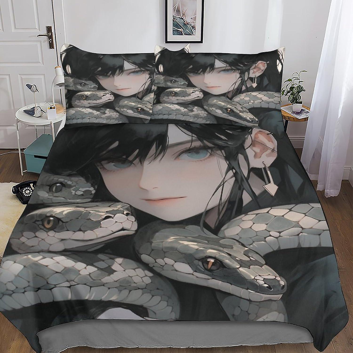 3D Printed Snake Duvet Cover Set AI Animals Bedding Set, Soft Microfibre, 2 Pillowcases, Hidden Zip,