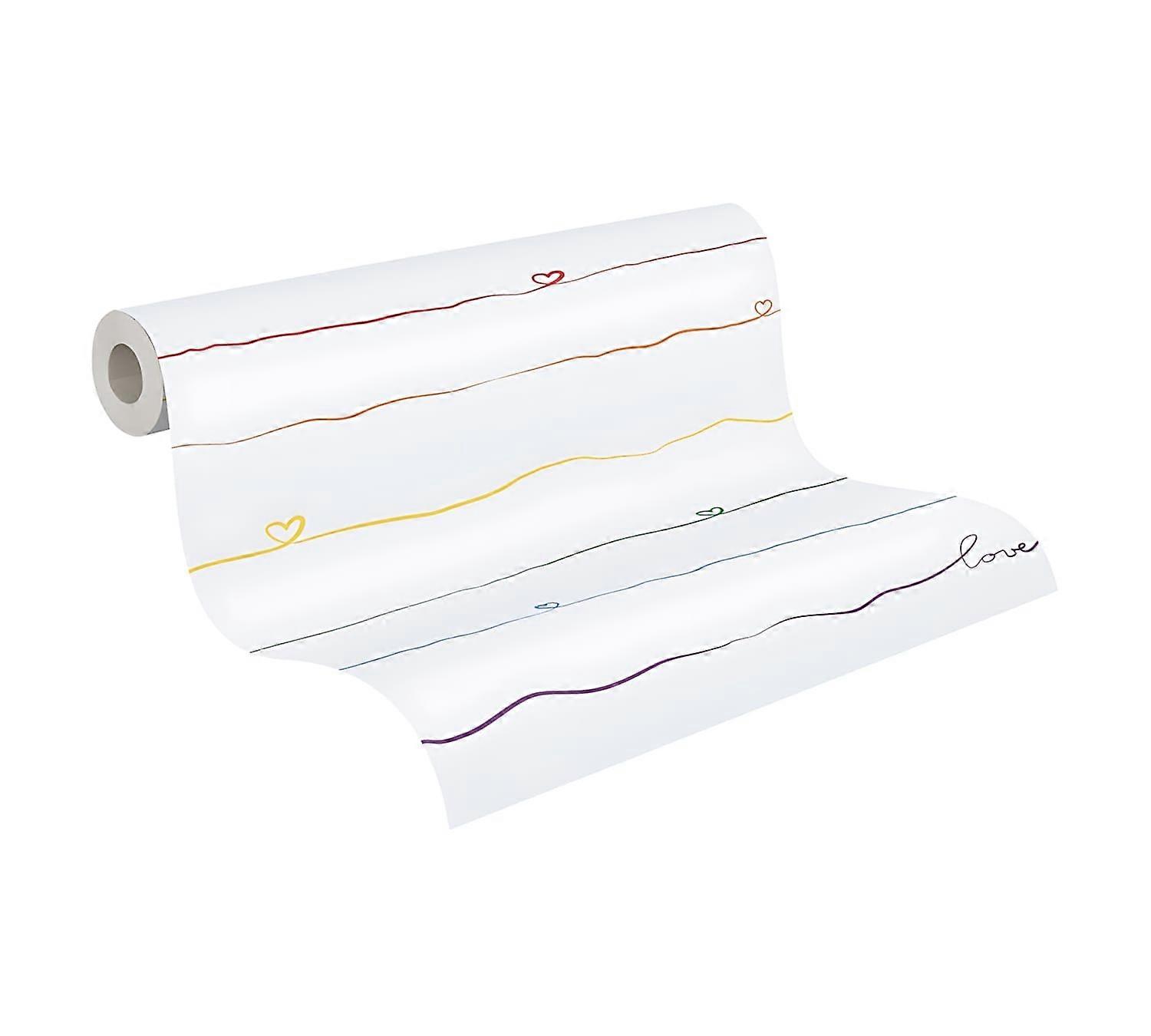 Graphic non-woven wallpaper wall Profhome 381401-GU slightly textured with wavy lines matt white yellow orange red blue