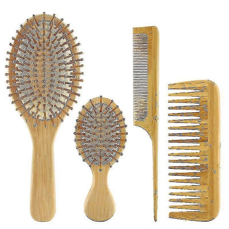 4 pcs brosse à cheveux en bambou et peigne ensemble avec palette démêlant brosse à cheveux à dents larges et peigne à queue sans poils - HHWW