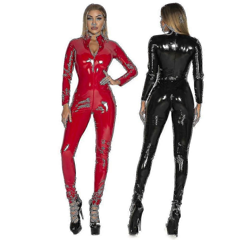 بالإضافة إلى حجم S-5XL المرأة مثير اللاتكس Catsuit أسود كامل بدلة بولي كلوريد الفينيل بذلة كلوبوير فو الجلود زي