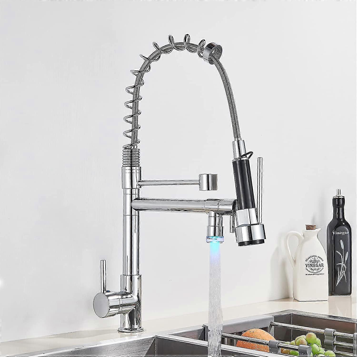Kitchen Faucet With Pull-down Spray, Single-lever Kitchen Sink Faucet With Led Light 2 Spouts