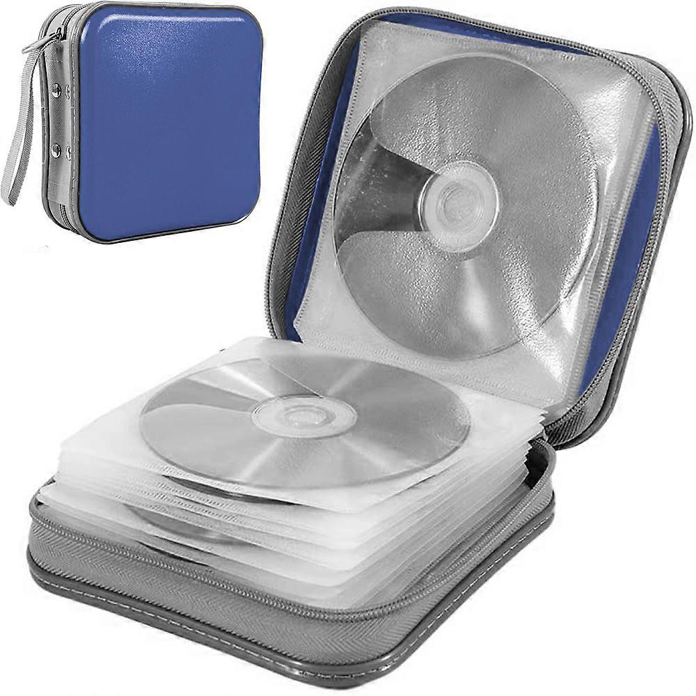 40容量CDケース、硬質プラスチックDVDケースポータブルジッパーCDケースラック大型収納ディスクウォレットバッグ-ブルー