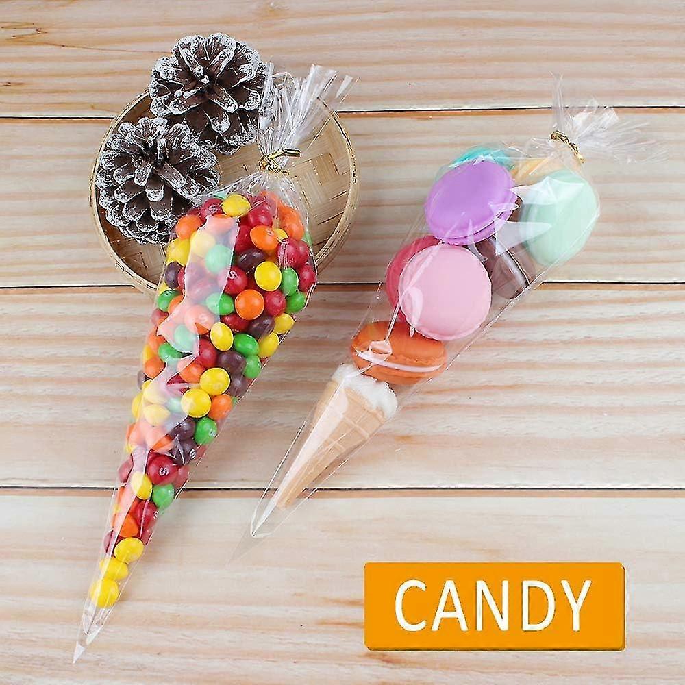 透明なコーンバッグ、チョコレートケーキクッキーキャンディーナッツなどの食品貯蔵用の300個(16 * 30cm)キャンディーバッグ、セロハンコーンバッグには金のケーブルタイがあります