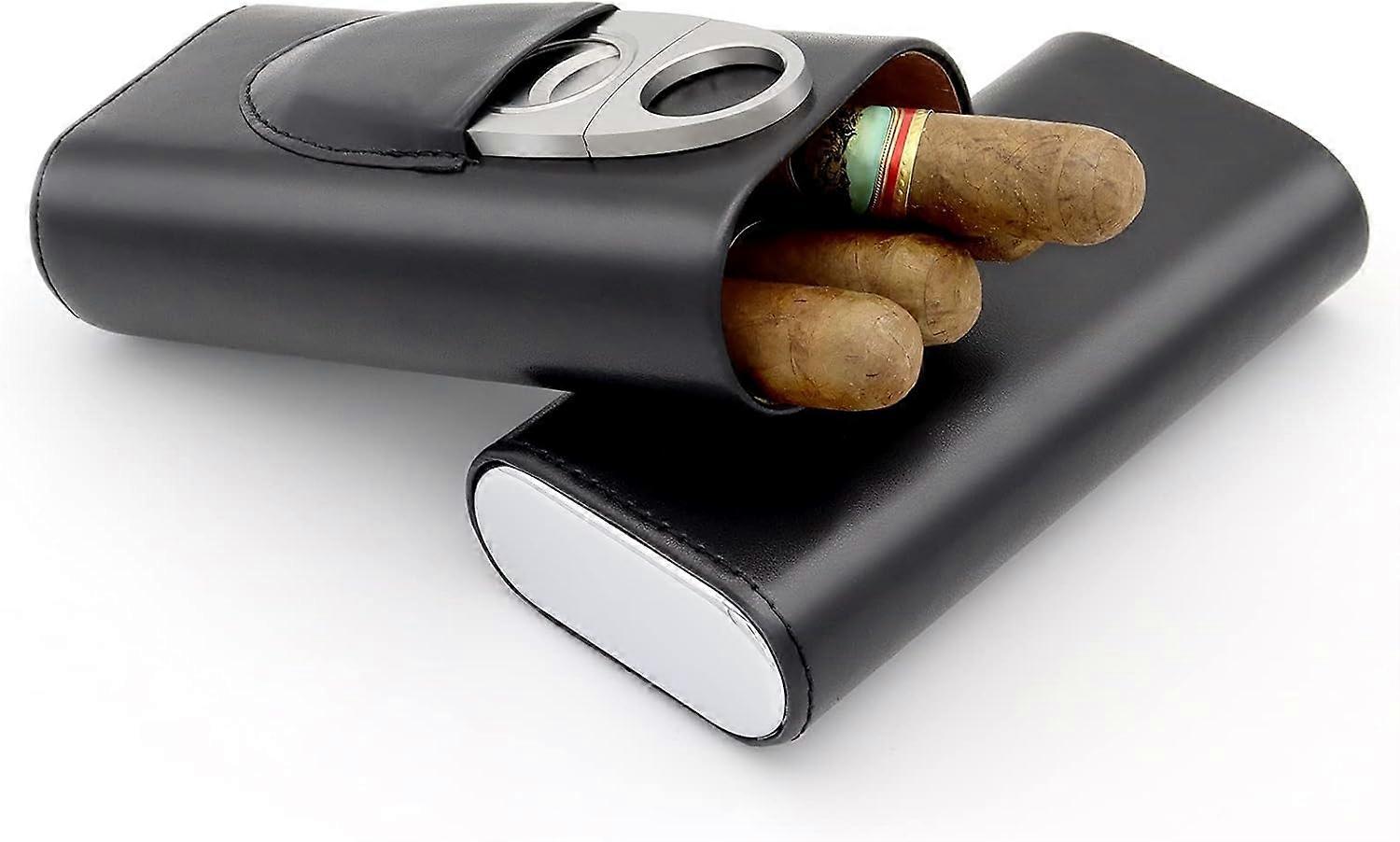 Capa de charuto portátil de couro umidor de cedro caso de charuto forrado de madeira com cortador (preto)