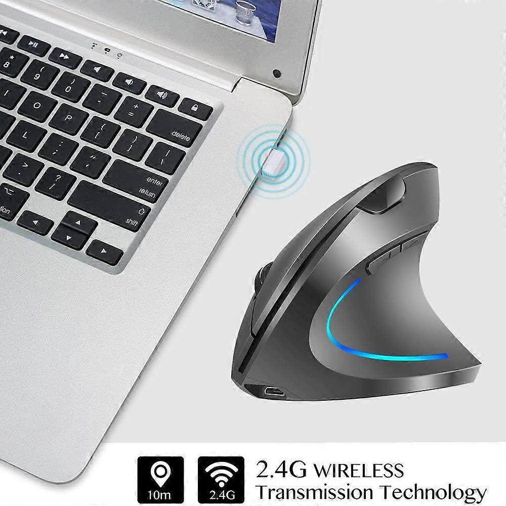 Gray 2.4GHz Wireless Vertical Mouse Right Handed Ergonomic Rechargeable Mouse with 4 Adjustable DPI 800/1200/1600/2400 6 Buttons Compatible with PC De