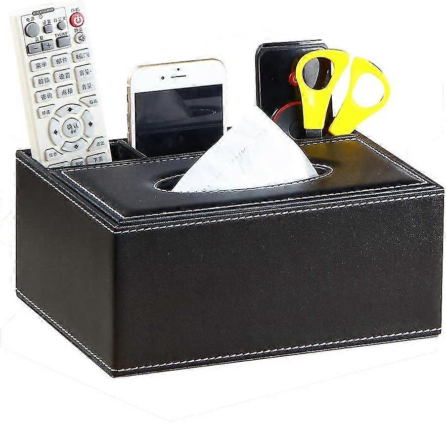 Tissue Box Cover Rectangular Leather Black Multifunctional Remote Control Stationery