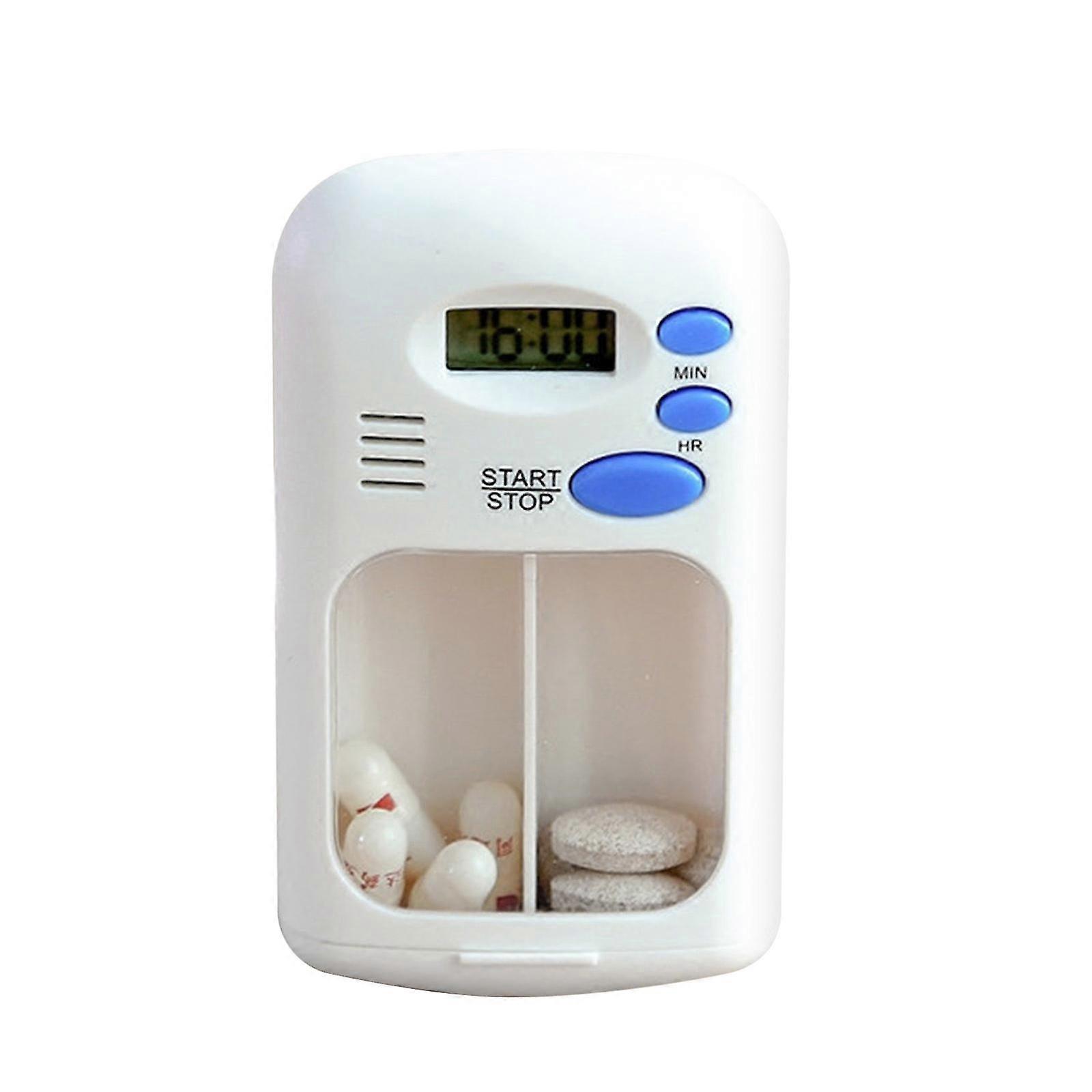 Portable Mini Pill Box Timer With Lcd Digital Electric Alarm Medicine Pill Case 2 Grids White Color Two Drawers Divided Plus Memory Fits Large Pills F