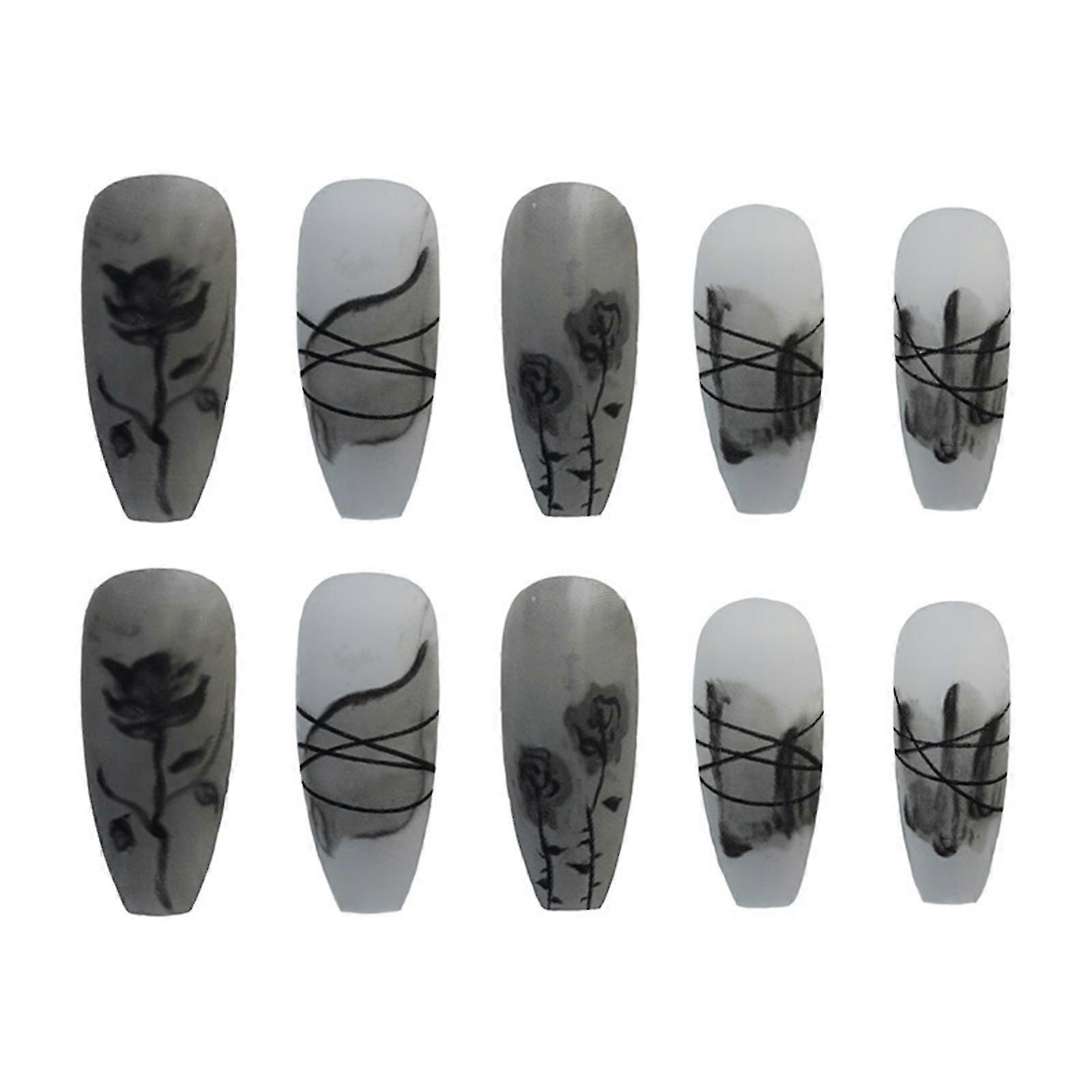 24pcs Rose Noire Porter Long Paragraphe Mode Manucure Patch Faux Ongles Enregistrer
