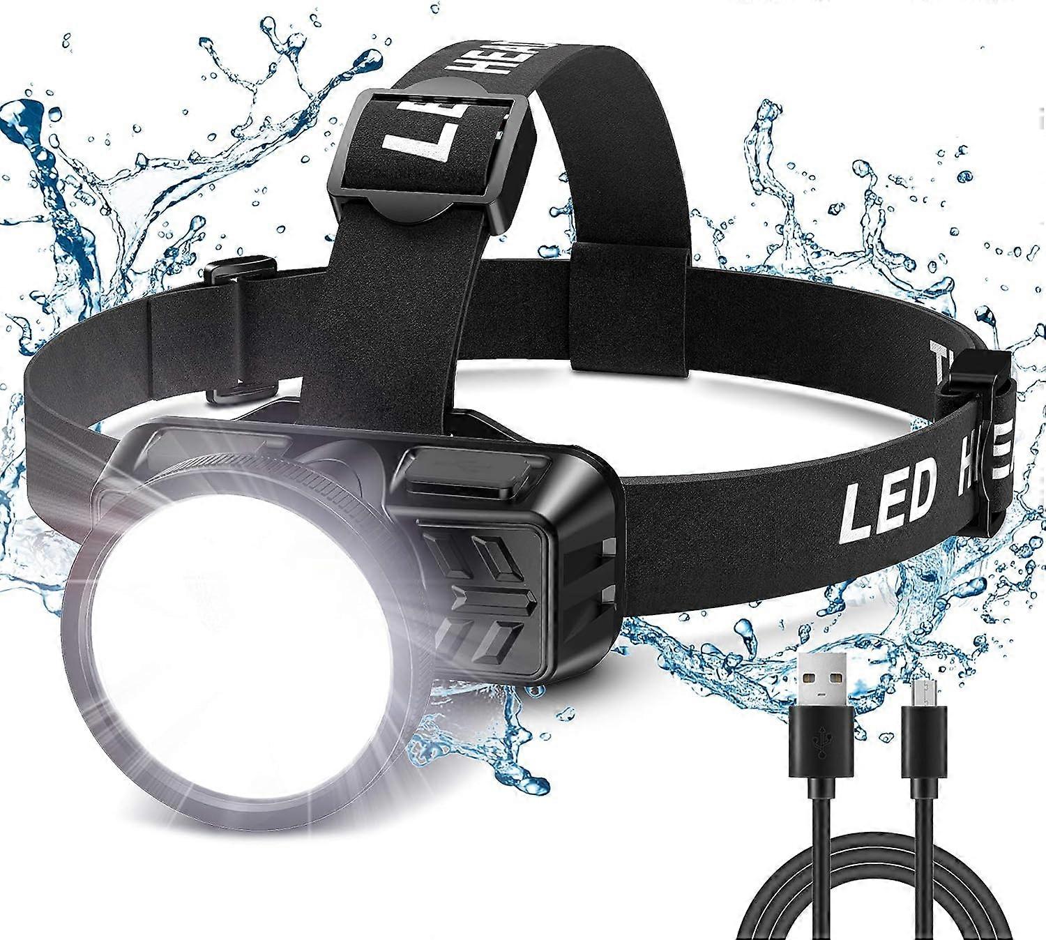 Head torch LED rechargeable for adults and children, 200 lumens, IP42 waterproof, head torch head to