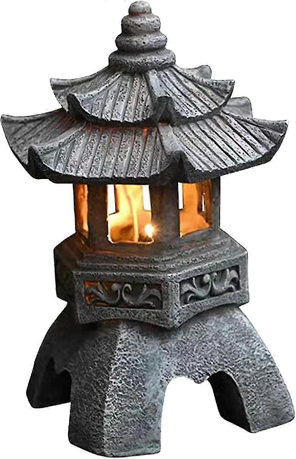 Japanese Solar Lantern Outdoor – Amber Pagoda Design, Resin Construction, Auto-On Dusk, Waterproof For Garden, Patio, Pathway