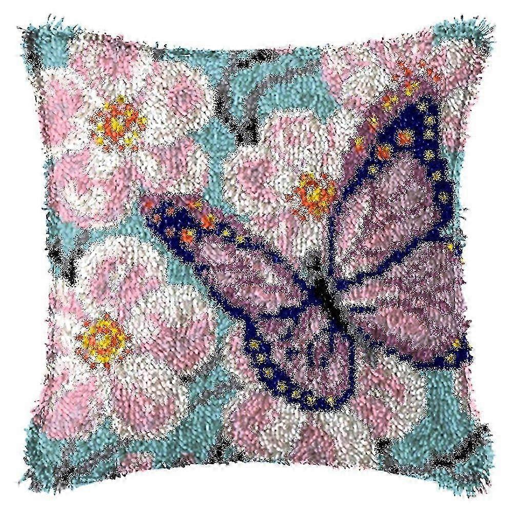 Latch Hook Kit DIY Pillow Cover Making Craft with Butterfly Pattern Printed Canvas Crochet Yarn Kit
