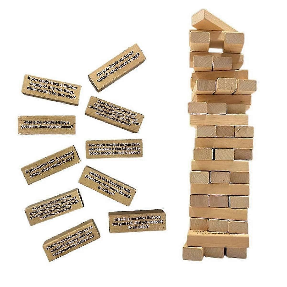 54 Pieces Questions Tumbling Tower Game, Giant Wood Stacking Game with Scoreboard, Ice Breaker Quest