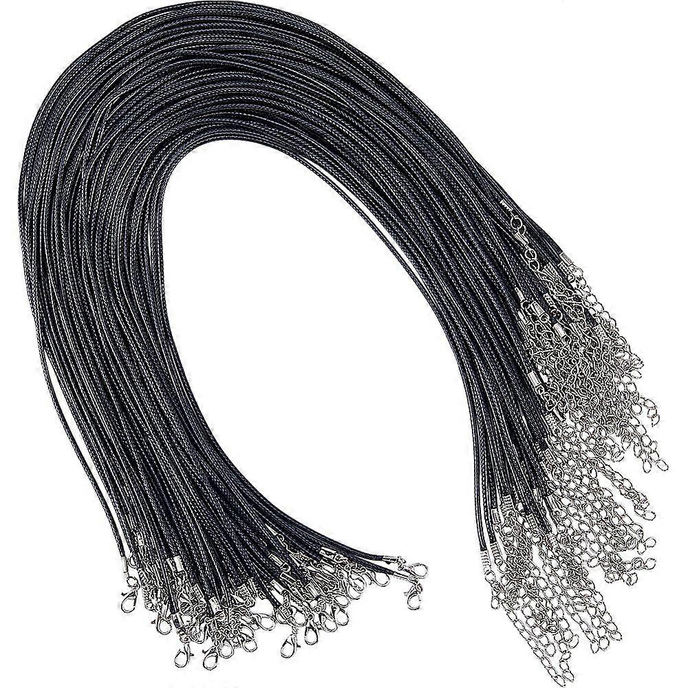 50Pcs Waxed Imitation Leather Cord Necklace Makings with Alloy Clasps and Iron Chain Extender Black 18 inch(45.7cm)