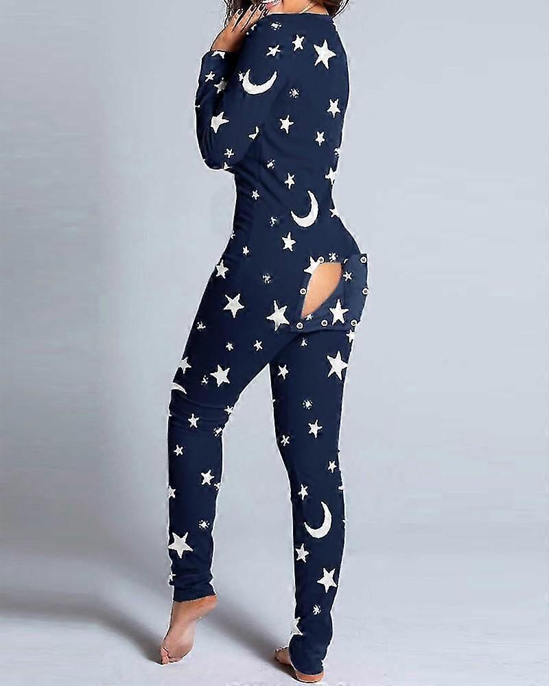 Sexy Pajama For Women Christmas Pajamas New Year Jumpsuit Sleepwear Button-down Front Back Butt Bum Open Ass Flap Jumpsuit Xmas Print Loungewear