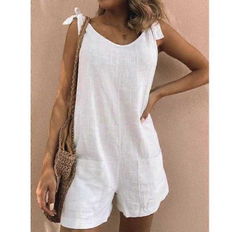 Sommer Dame Helfarvet Bomuld og Linned Patch Lommer Løs Afslappet Buksedragt Shorts Seler Overalls Hagesmæk Bukser Ærmeløs Buksedragt