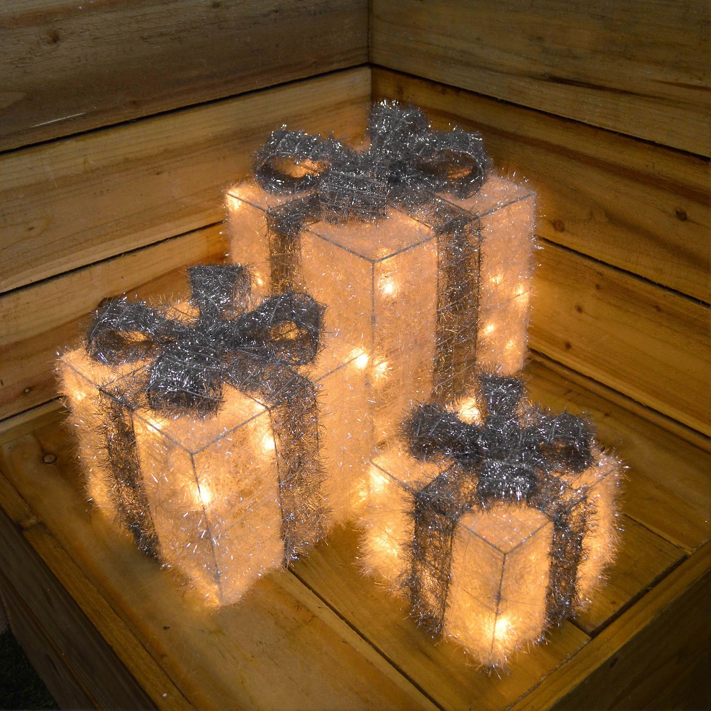 3 Piece Warm White Leds Battery Operated Silver Christmas Gift Boxes With Timer