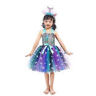 Girls birthday led cartoon mermaid mesh catwalk show mermaid scales golden light colorful pleated sequin skirt