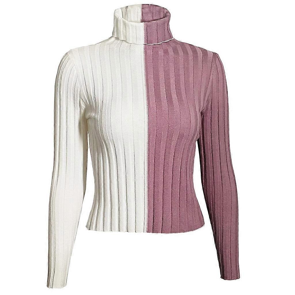 Damen Herbst Langarm Rollkragenpullover Gerippt Gestrickt Gestreift Bodycon Pullover Top Farbblock Patchwork Basic Layering Pullover Shirt S