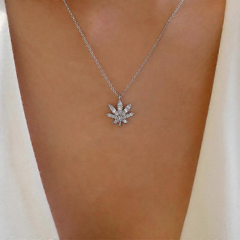 Boho Rhinestone Leaf Necklace Silver with Crystal Maple Leaf Design Vintage Style Jewelry for Women