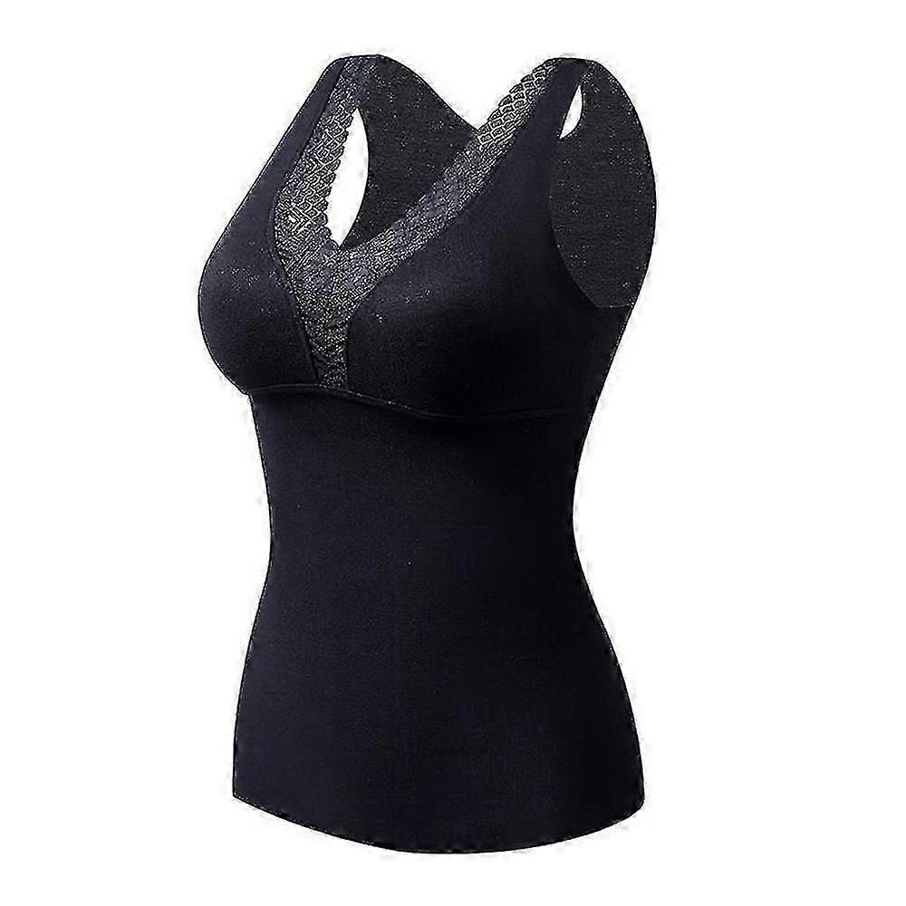 Women's V-Neck Thermal Tank Top with Built-In Bra and Underwear Sveless Brand in Black