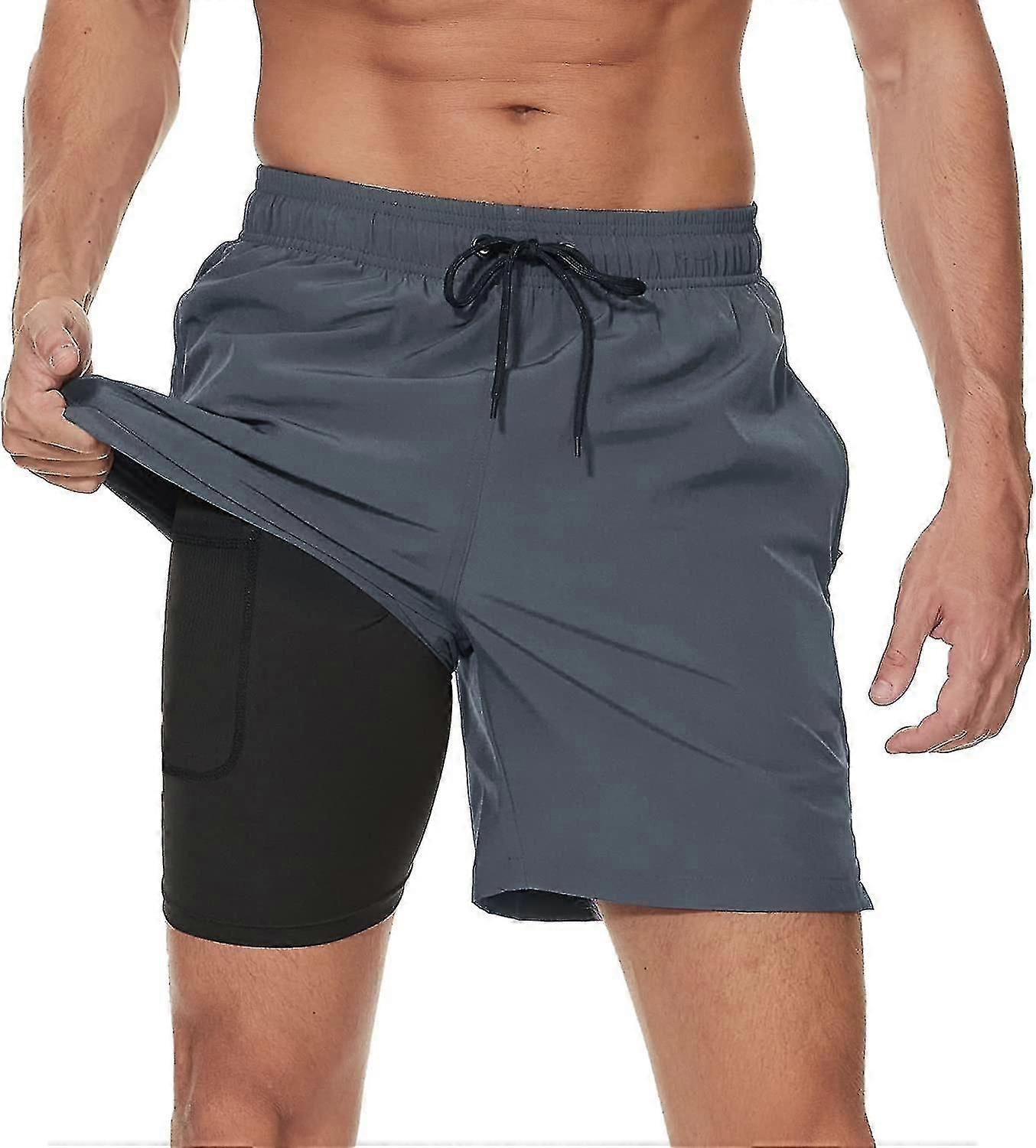 Men's Swim Trunks With Compression Liner 2 In 1 Quick Dry Mens Swim Shorts With Boxer Brief Lined Surfing Stretchy Beach Shorts With Zipper Pockets