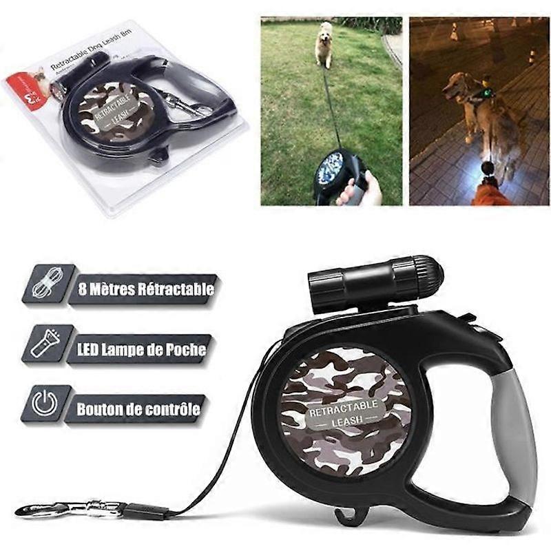 Large Dog Leash 8M 50kg 9 LED Retractable Night Anti-slip Handle With Hook Camouflage Gray