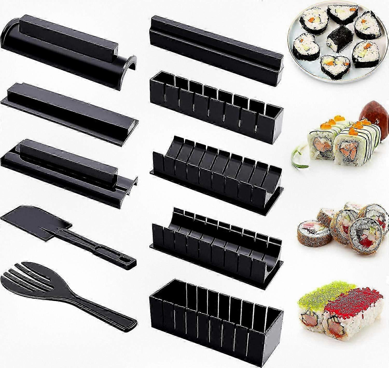 Beginner-Friendly Sushi Making Kit with 10 Essential Plastic Tools, Including 8 Rice Roll Molds, Fork, and Spatula for Homemade Sushi Preparation