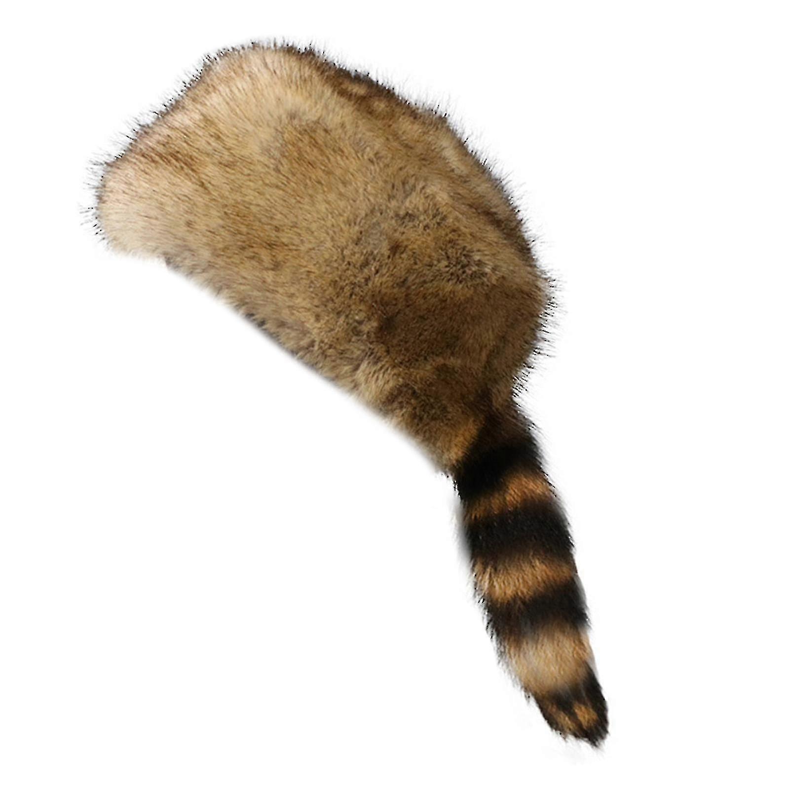 Winter Hat Faux Fur Raccoon Tail Russian Round Flat Top Earflaps Thick Fall Winter Warm Women's Camping Hat, One Size