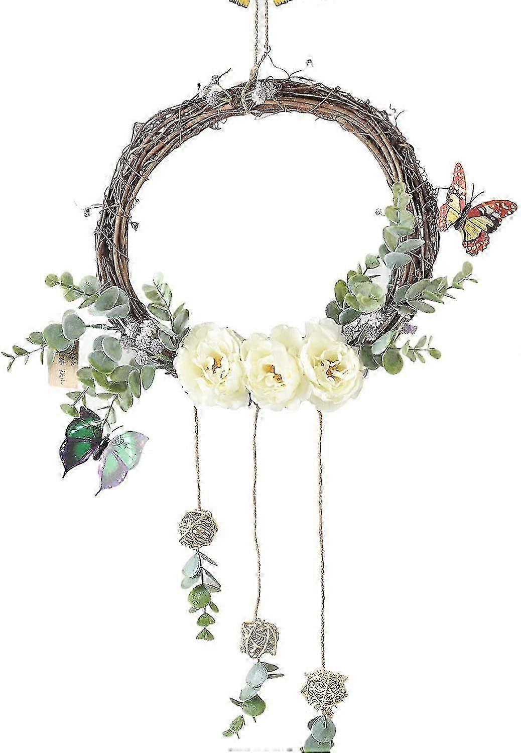 22 ' Artificial Peonies Wreath With Rattan Butterfly, Spring / Summer Wreath For Front Door