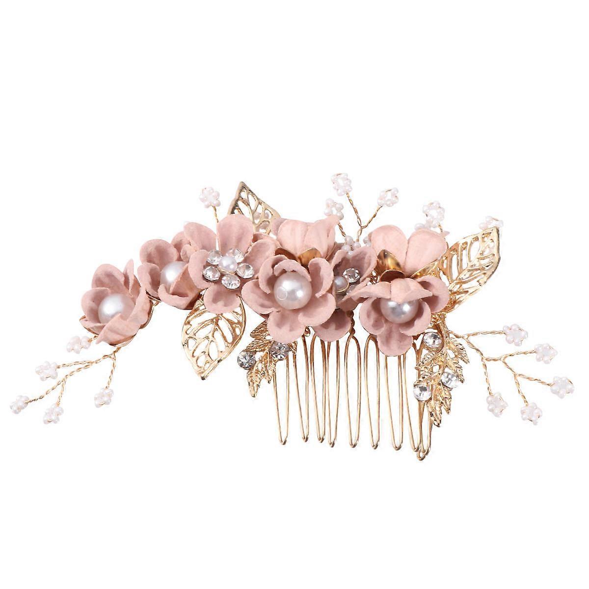 Decorative Hair Comb Alloy Manmade Pearl Rhinestone Inlaid Insert Comb Pink 14*6.5cm Bridal 1Set