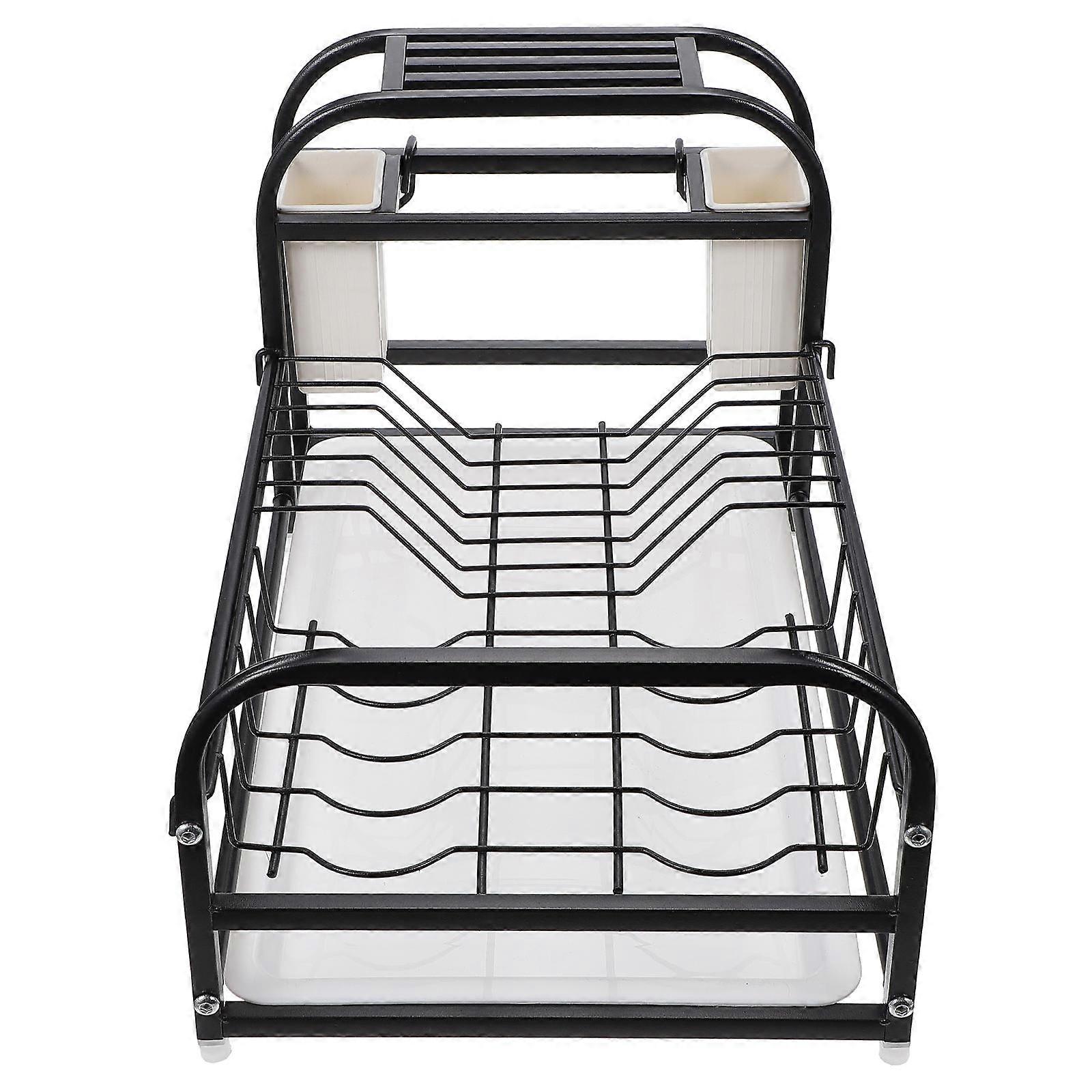 Dish Rack Multifunctional Kitchen Supply Storage Dish Drain Rectangular Simple Design Black 1Set