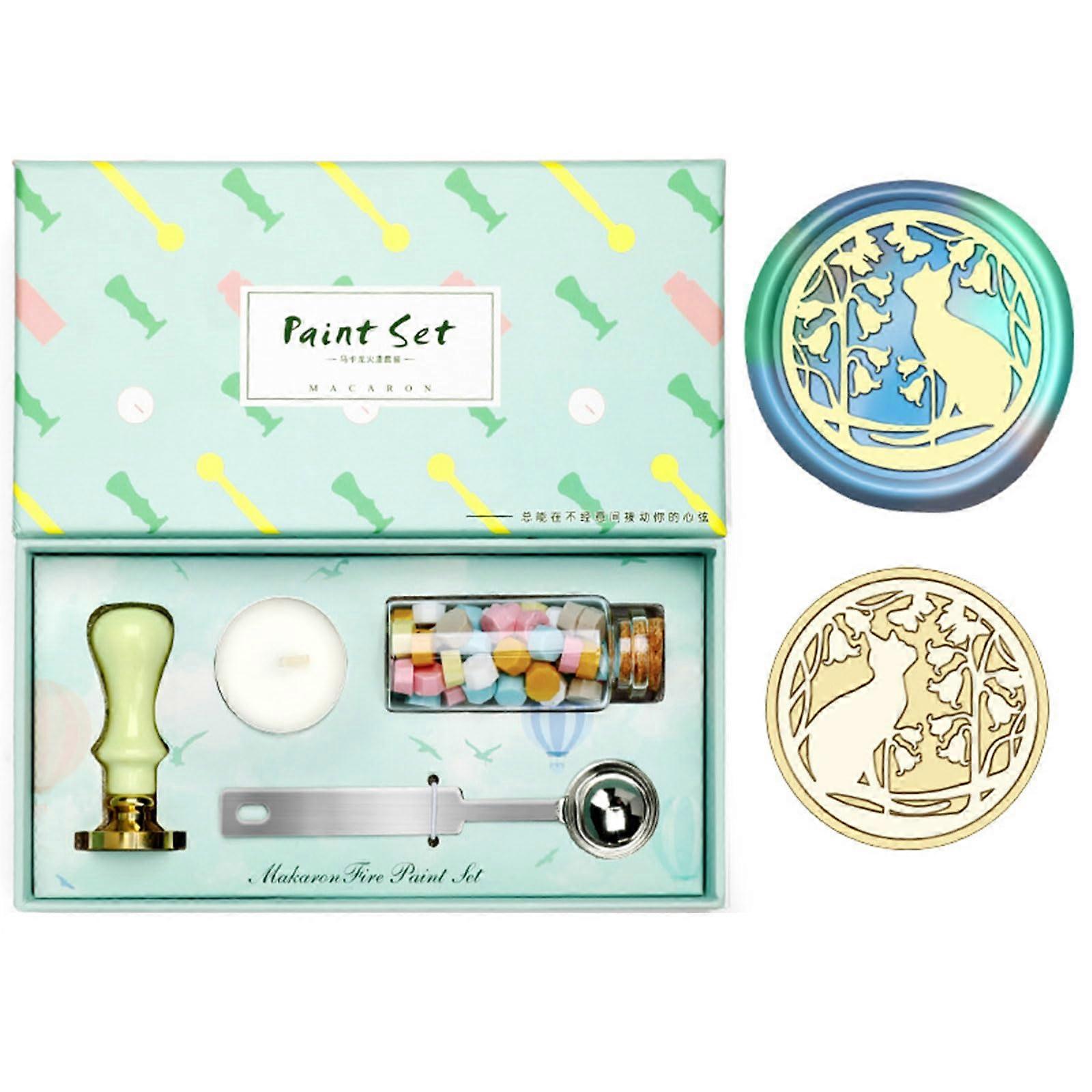 Vintage carved wax seal stamp, wax sealing beads, melting spoon set for sealing envelopes, invitations, Christmas cards, scrapbooking Ref: 4092