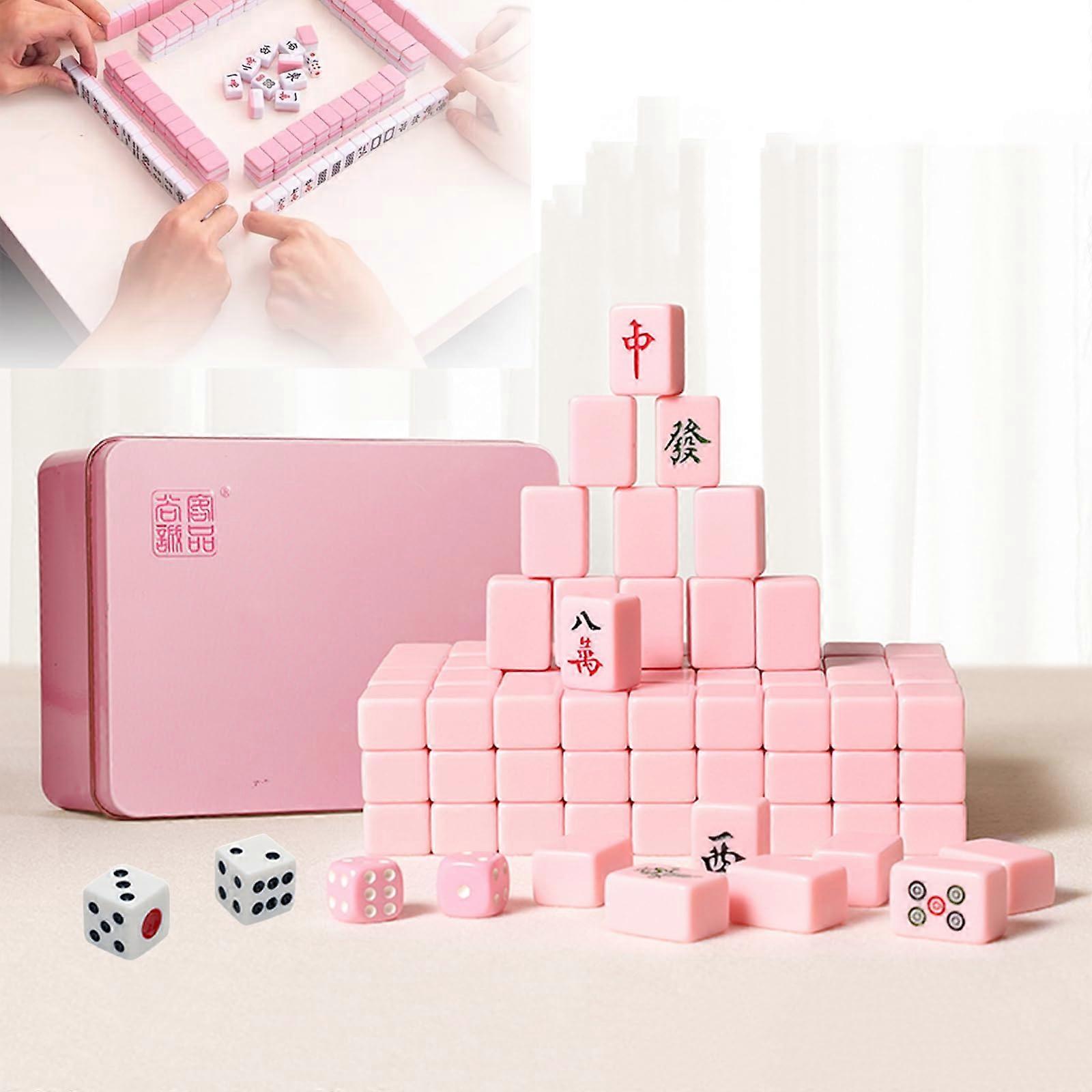 Chinese Mahjong Mini Traditional 144 Tile Set Solid Melamine With Metal Storage Box Tablecloth 2 Dice 4 Token Boxes Roze