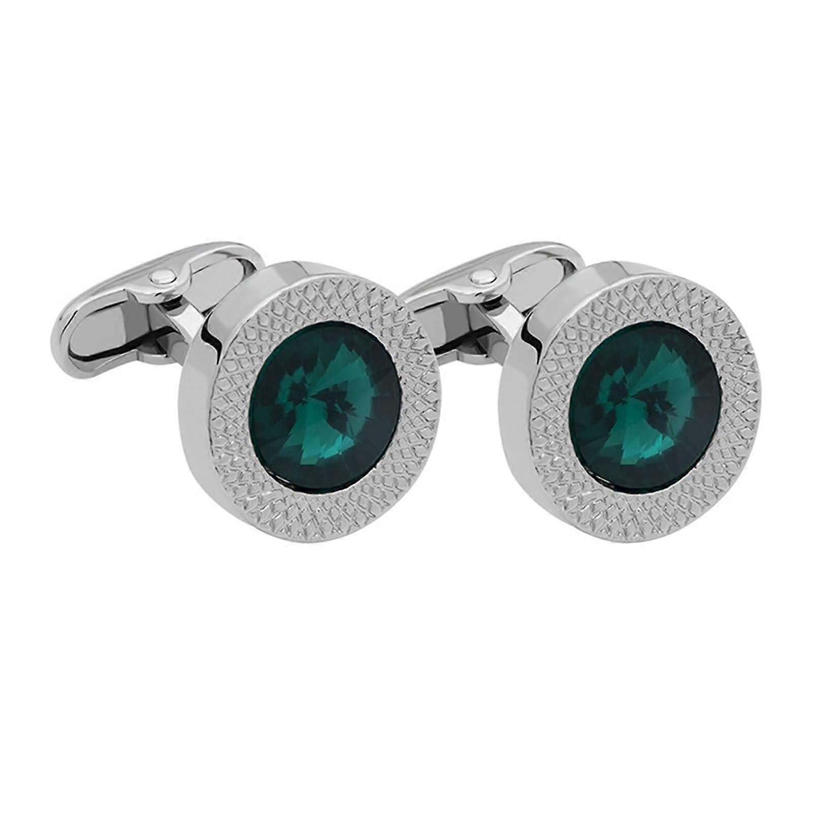 Men's Round Cufflinks with Cubic Zirconia Silver Shirt Cufflinks Set in Green Gift Box