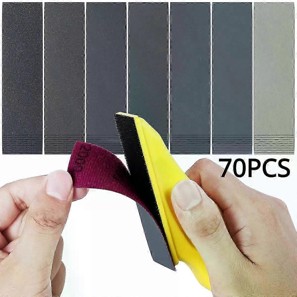 70pcs DIY Hand Sandpaper MINI Sander Kit Loop Sander Paper Assorted Grit Wet Dry Sanding Strip Detail Tool with Hand Millstone