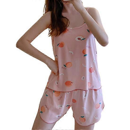 2Pcs/Set Cartoon Print Pajama Set O-Neck Sleeveless Backless Elastic Waistband Sling Vest Wide Leg Shorts Sleepwear Set