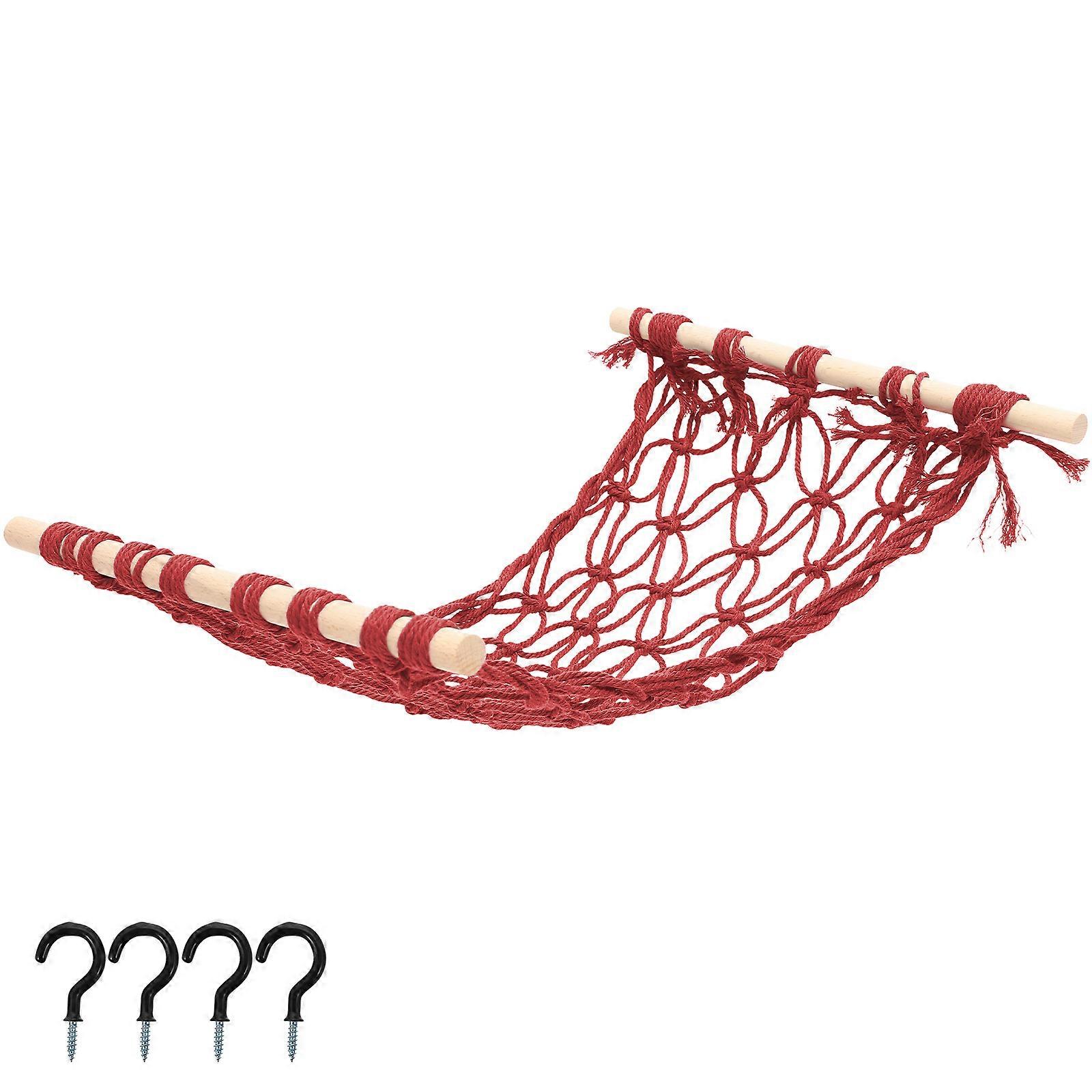 Red Cotton Rope Fruit Hammock with Wood Stand for Balloon Decorative Storage Basket 1 Set