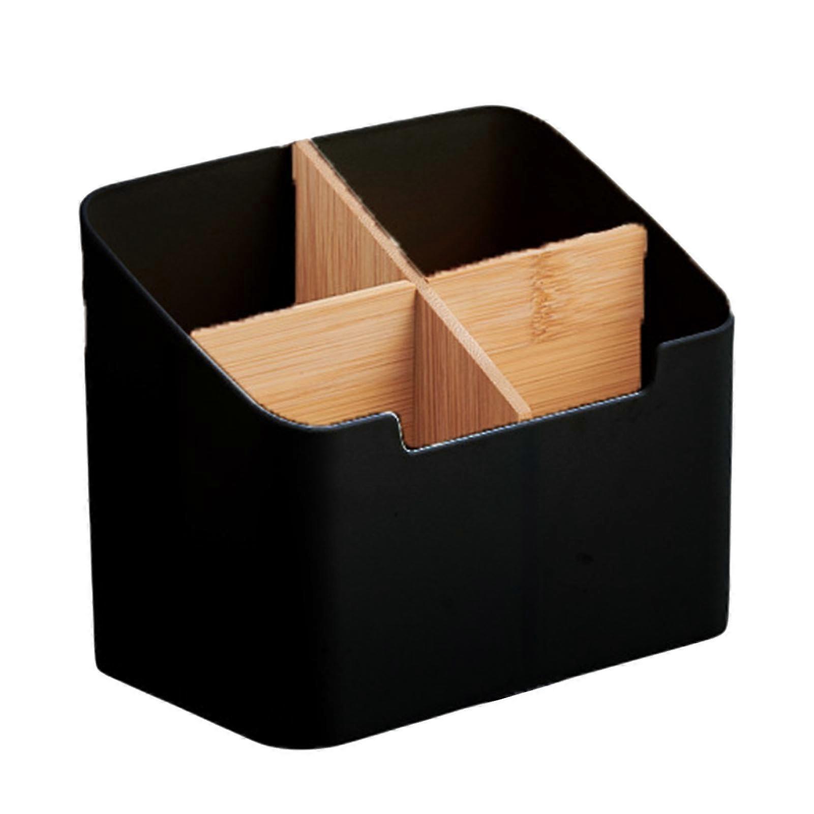 Remote Control Holder Caddy with 4 Compartments for Desk Stationery, Makeup Brushes, Pens – Black