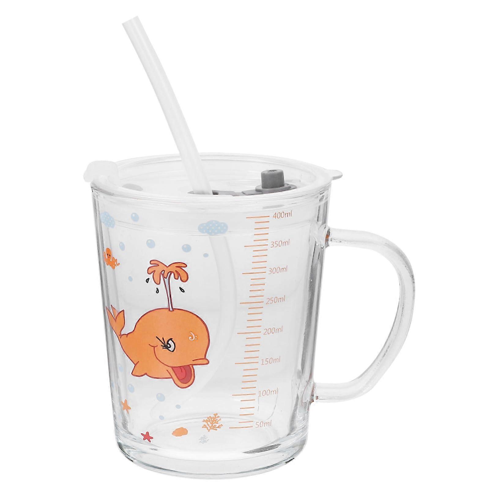 Cartoon Glass Straw Cup with Measuring Scale for Borosilicate Milk Drinking Tumbler with Handle Household Multi Use Glass Cup for Breakfast