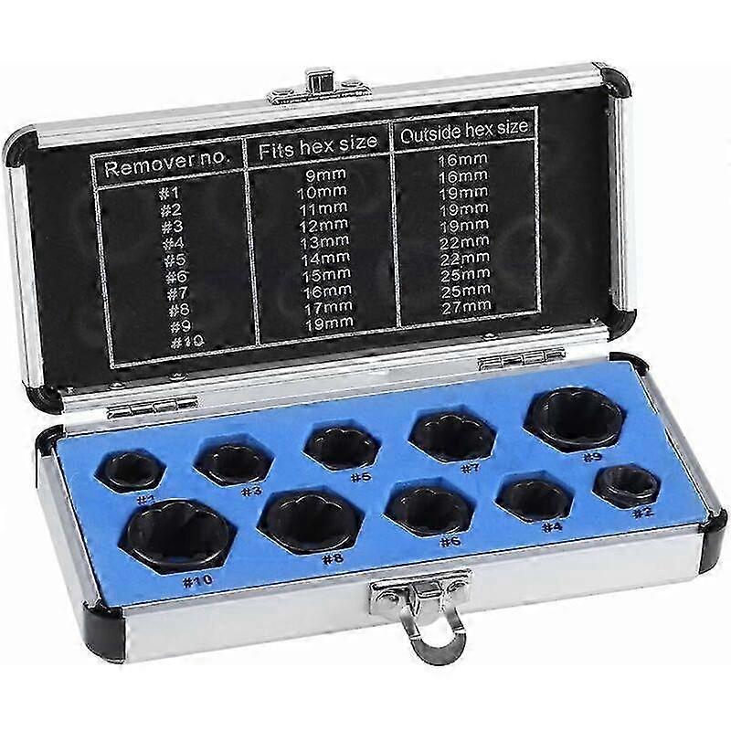 10pcs 9-19mm Nut Bolt Remover Kit, Locking Bolt Extractor, Screw Head Broken Stud Extractor Tool Set with Storage Case