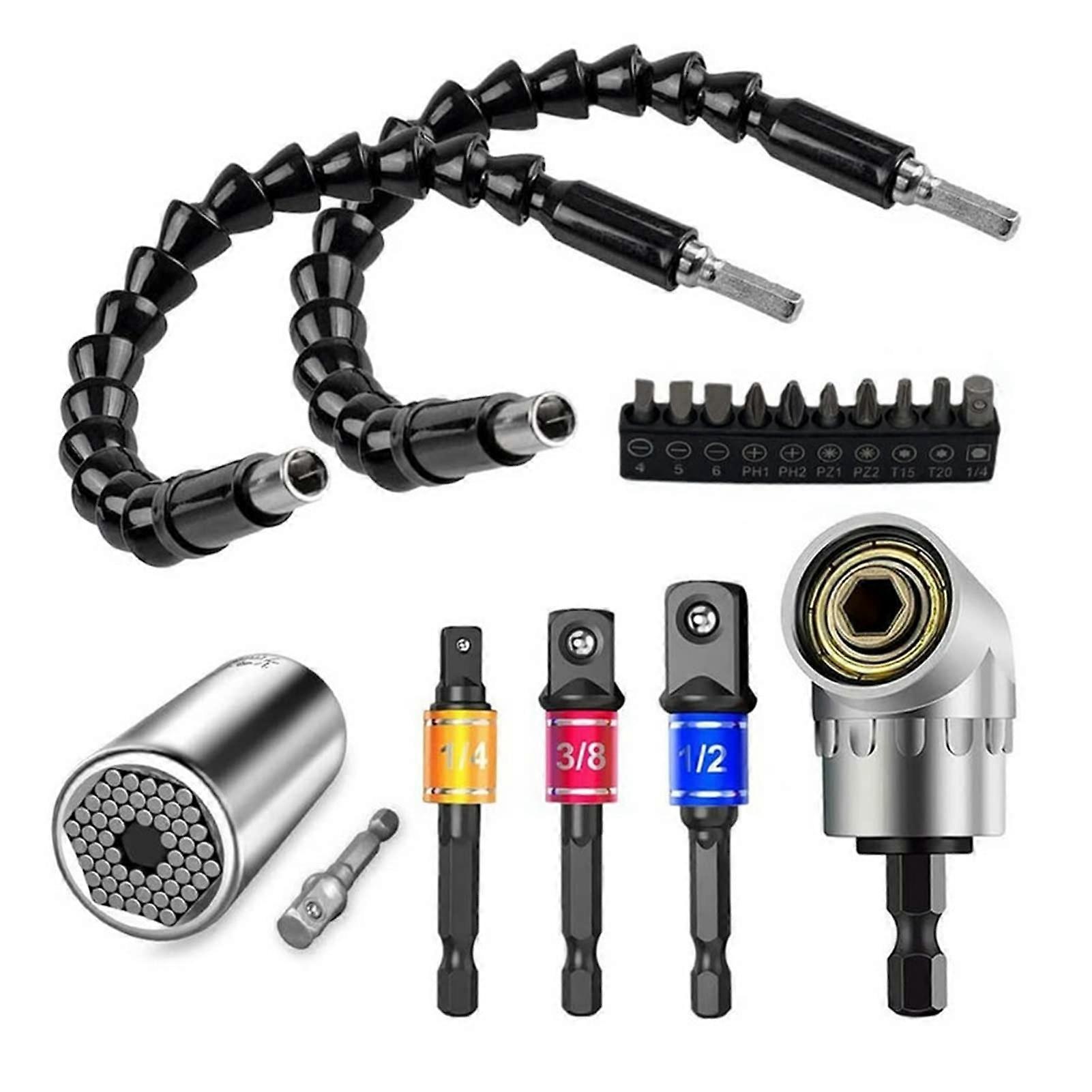 Universal Socket Adapter Set 1/4 3/8 1/2, Flexible Drill Bit Set 105 Deg Right Angle Drill Extension Screwdriver Bit Kit