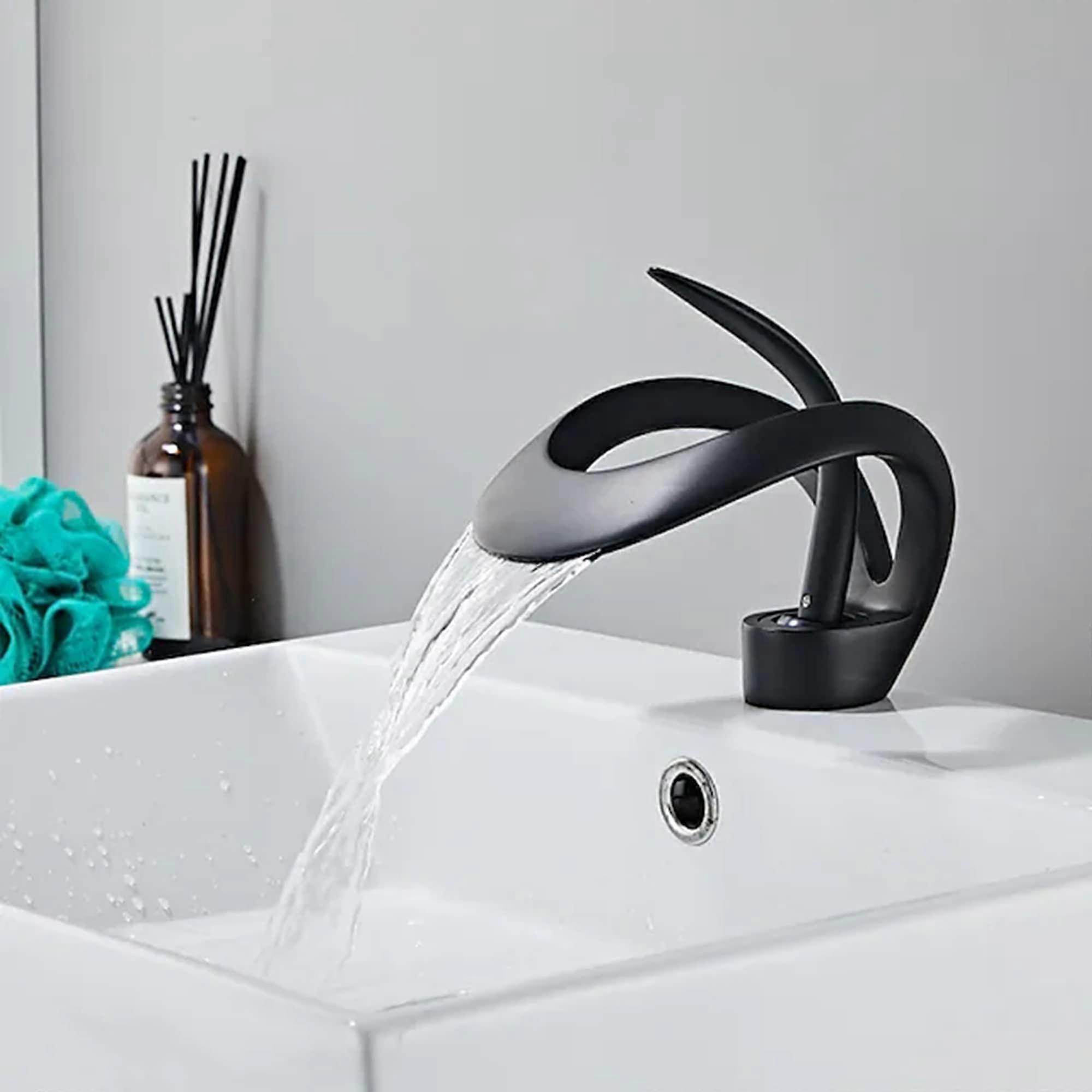 Bathroom Faucet Brass Waterfall Widespread SingleHandle OneHole Tap With Hot And Cold Switch Black