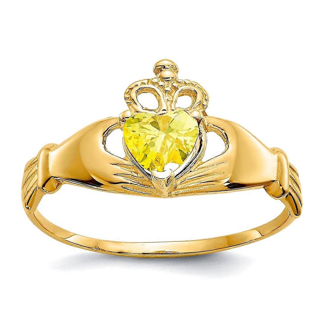 14k Solid Yellow Gold Cubic Zirconia Birth Month Irish Claddagh Celtic Trinity Knot Love Heart Ring Statement-Ring for W
